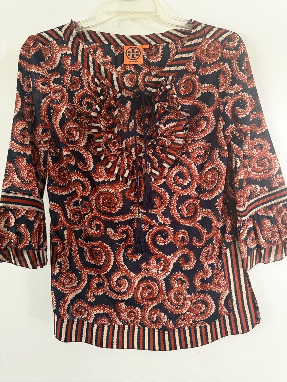 Tory Burch Navy and Rust Paisley Tie-Front Blouse